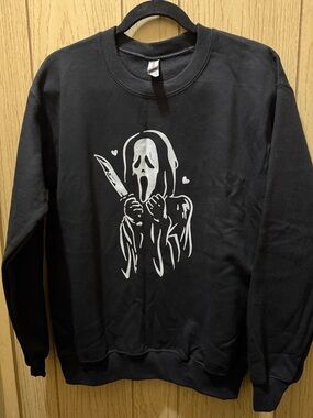 Black Graphic Crewneck Sweater with White Ghostface Print